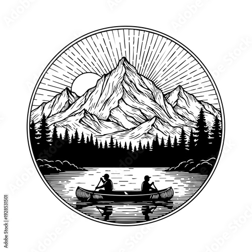 Serene mountain landscape with canoeists on a tranquil lake.