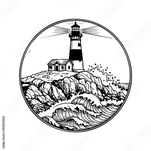 Black and white illustration of a lighthouse on a rocky coastline with waves.