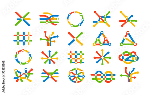 Colorful geometric network designs with interconnected lines and circles