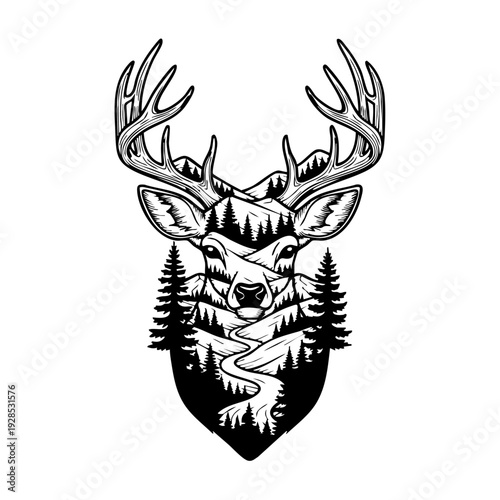 Black and white illustration of a deer head with antlers and forest landscape.