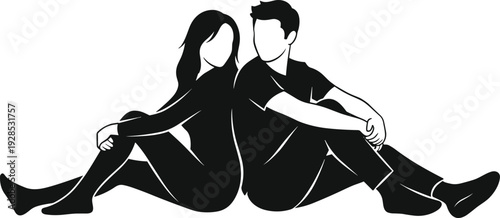Black and white silhouette illustration of a young romantic couple sitting casually on the floor back to back together.