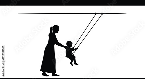 Simple black silhouette illustration of a caring mother playfully pushing her happy young child on a rope swing outdoors.