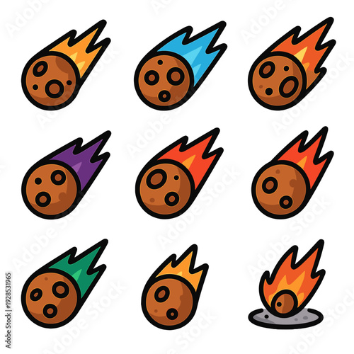 Colorful cartoon meteors falling with fire trails in various styles