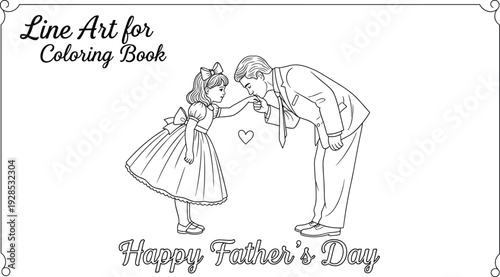 Happy Father's Day continuous line art illustration for a coloring book showing a loving father kissing his cute little daughter's hand.
