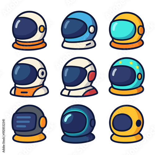 Colorful cartoon space helmets collection in various designs and styles