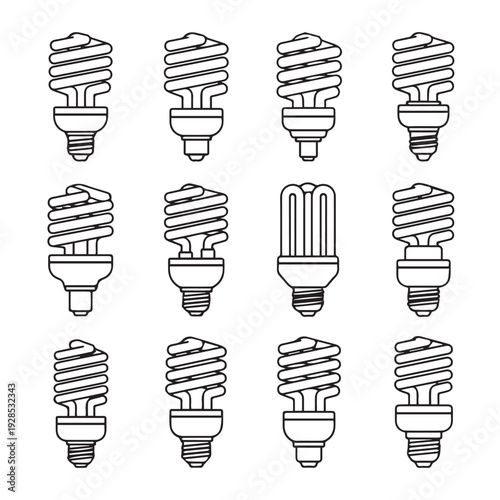 Compact Fluorescent Light Bulbs Collection Outline Icons Energy Saving Lighting Technology