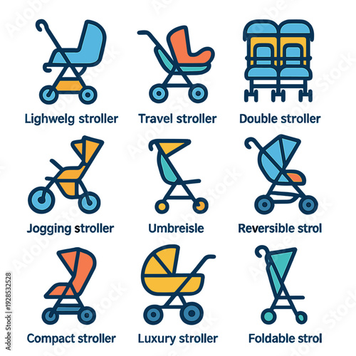 Colorful assorted baby strollers chart with nine stylish modern designs