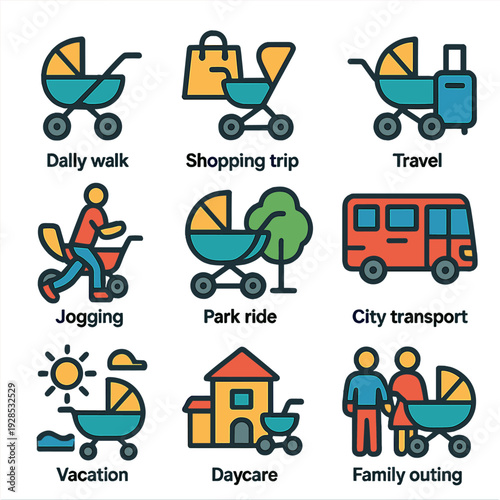 Colorful family icons illustrating various activities and modes of transport