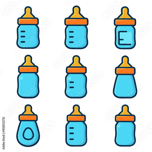 Set of nine baby bottles with different designs on blue background