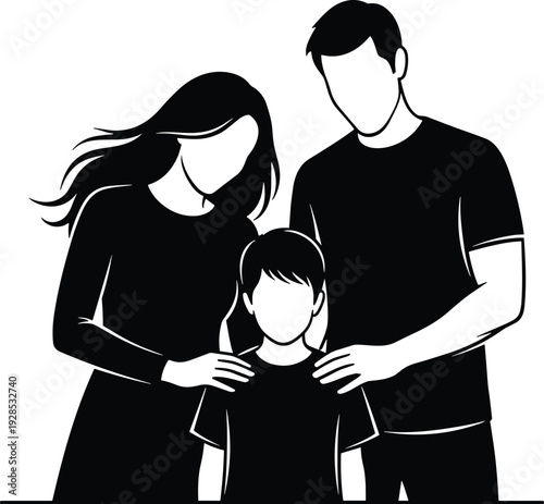 Black and white silhouette illustration of a loving family consisting of a caring mother and father standing together with their young son.