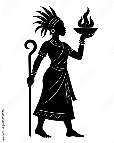 Sorceress with Staff and Torch, Silhouette of a woman holding a staff and torch, possibly a sorceress or goddess