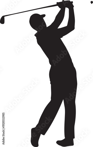 Silhouette of a Male Golfer Completing a Swing Follow-Through on White Background
