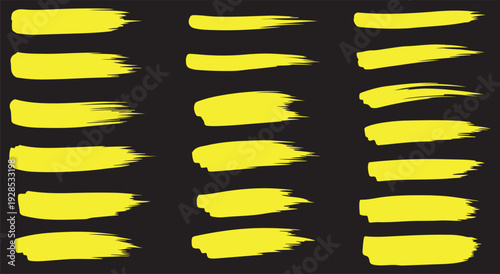 A digital artwork featuring 18 yellow brushstrokes on a black background arranged in three columns