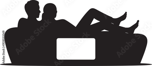 Couple watching television on sofa, relaxed pose, feet up, domestic scene, home entertainment