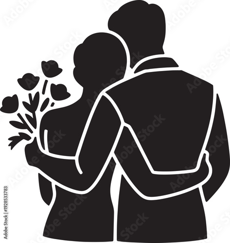 Back view silhouette of hugging couple with flower bouquet for sweet romantic celebration