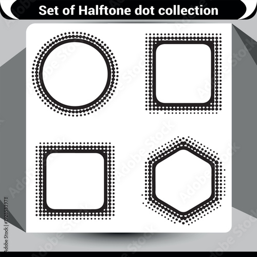 Graphic frames with rounded corners and halftone dot textures, black and white