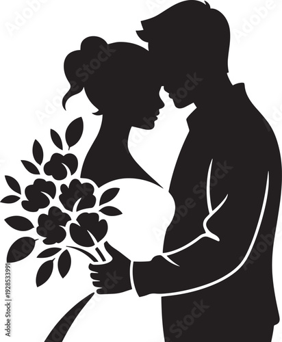 Bride and groom wedding silhouette holding bouquet vector graphic illustration