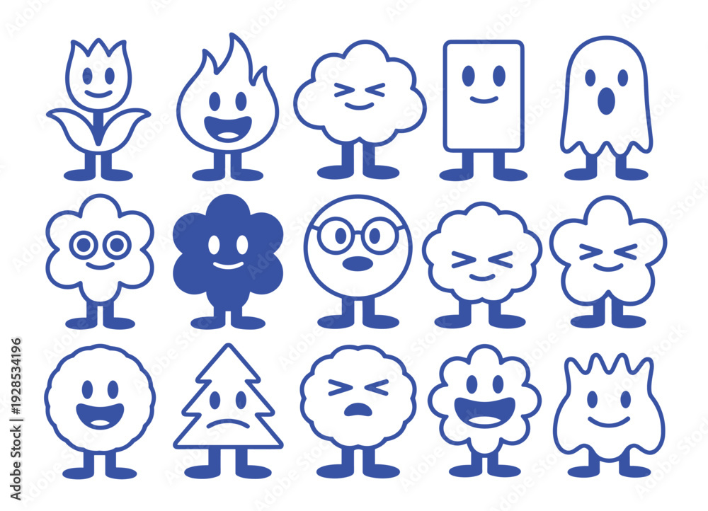 Fototapeta premium Fifteen Blue Outline Cartoon Characters with Different Emotions and Forms happy vector illustration