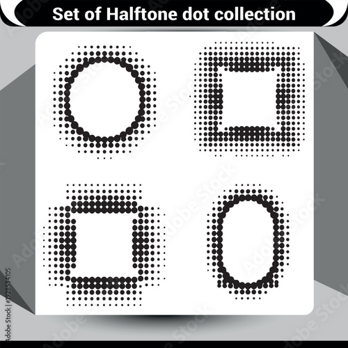 Monochrome frames with geometric outlines and textured halftone dot fills