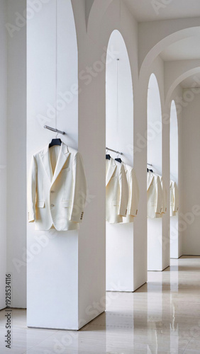 interior of a luxury hotel, white jackets on the background of the gallery