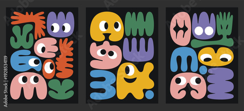 Quadro su tela Abstract Colorful Organic Shapes and Cartoon Faces on Black Background vector il