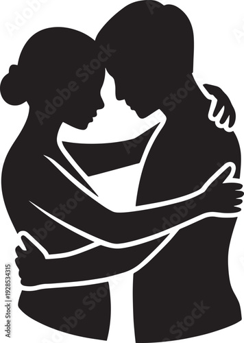 Couple hugging silhouette embracing with romantic love and affection vector illustration