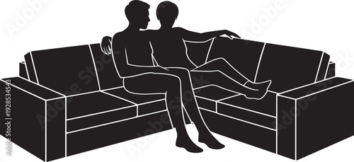 Couple relaxing on sectional couch, close together, man with arm around woman, comfortable, modern interior