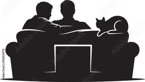 Couple sitting on sofa watching television with pet cat resting beside them in living room