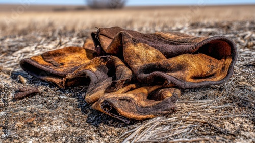 Close up of grimy, snagged fabric with photorealistic detail on a dry, outdoor ground surface