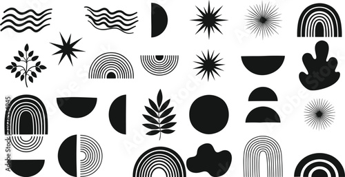 Vector set of minimalist bohemian abstract shapes, geometric celestial suns, rainbows, and organic botanical leaf silhouettes for modern graphic design branding