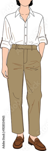 Vector illustration of a woman wearing a white button down shirt, khaki trousers, and brown loafers for smart casual fashion,