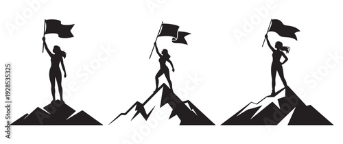 Woman on mountain peak celebrating with flag