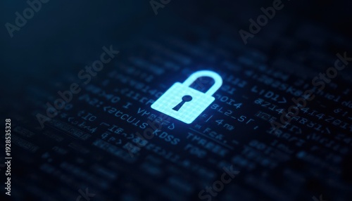 Digital padlock glowing on computer code background. Cyber security and data protection concept.