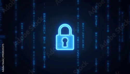 Digital padlock glowing on computer code background. Cyber security and data protection concept.