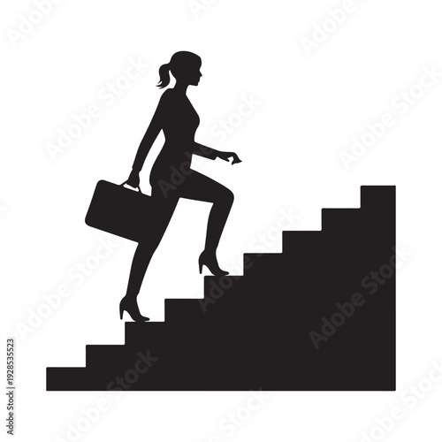 Silhouette of businesswoman with briefcase ascending stairs, symbolizing career growth