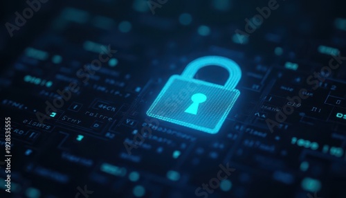 Digital padlock glowing on computer code background. Cyber security and data protection concept.