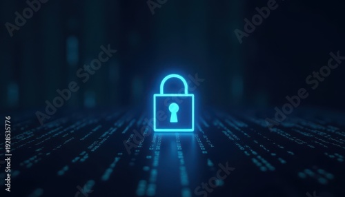 Digital padlock glowing on computer code background. Cyber security and data protection concept.