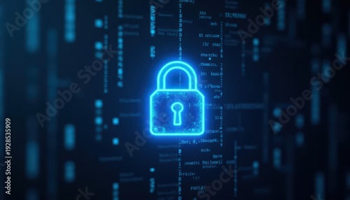 Digital padlock glowing on computer code background. Cyber security and data protection concept.