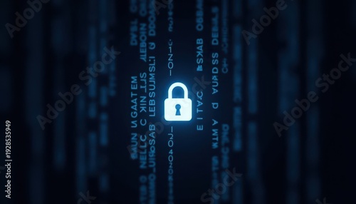 Digital padlock glowing on computer code background. Cyber security and data protection concept.