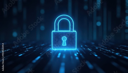 Digital padlock glowing on computer code background. Cyber security and data protection concept.