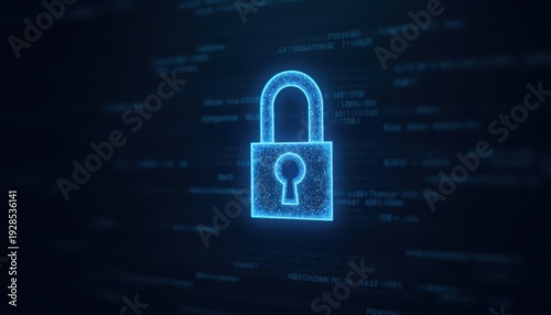 Digital padlock glowing on computer code background. Cyber security and data protection concept.