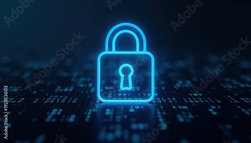 Digital padlock glowing on computer code background. Cyber security and data protection concept.