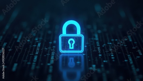 Digital padlock glowing on computer code background. Cyber security and data protection concept.