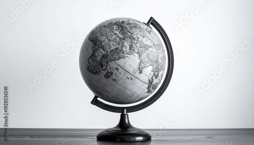Detailed black-and-white sketch of terrestrial globe on stand, tilted axis, showing continents, symbolizing geography, education, and exploration.