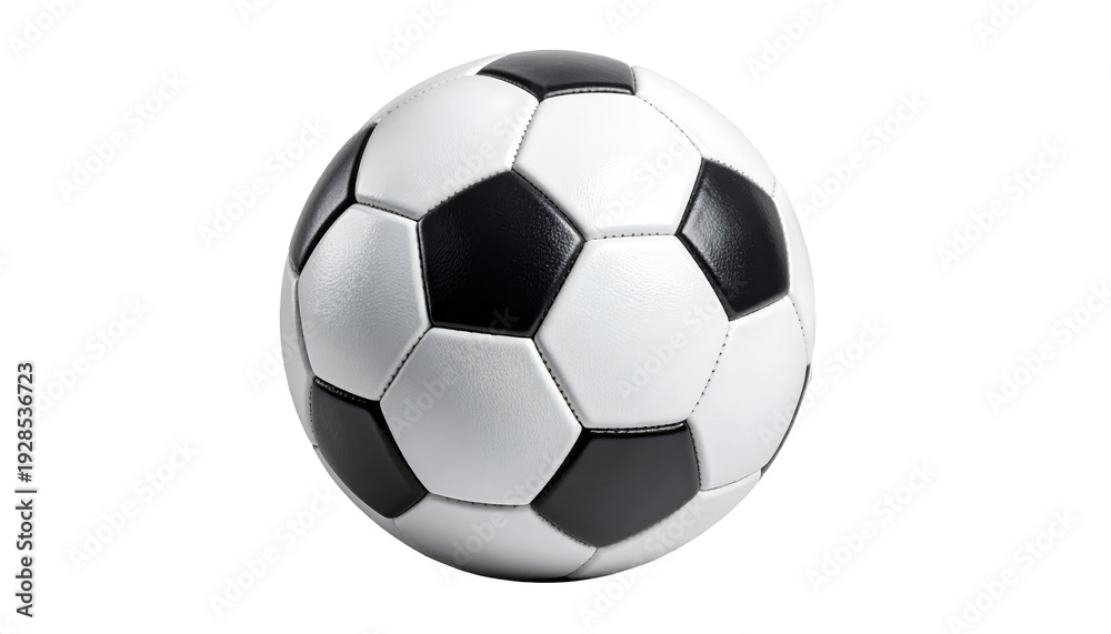 Fototapeta premium Classic soccer ball with black and white pentagons, floating in a void on a dark background