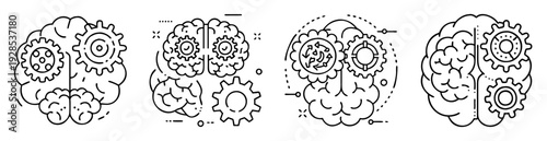Abstract graphic representations of a brain with gearwheels, symbolizing thought processes