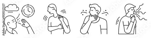 Medical icons representing cold and flu symptoms in a simple line art style