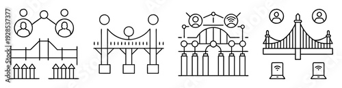 Black and white illustration depicting connections, infrastructure, data, and technology