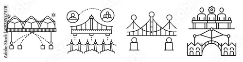 Conceptual illustrations depicting various bridge types, community, hierarchy, and structure, black and white