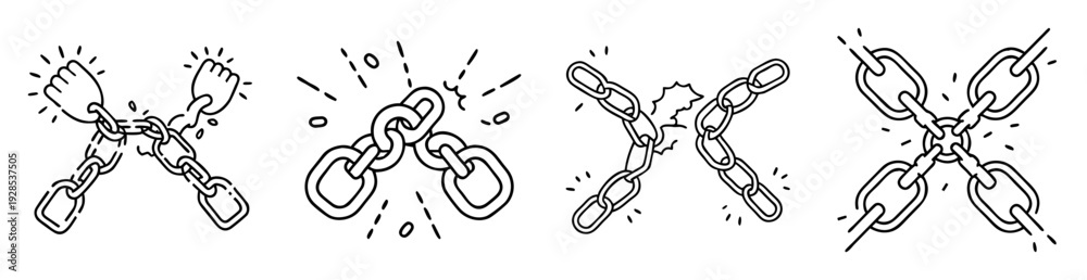 Fototapeta premium Four stages of a chain breaking, representing freedom and liberation